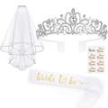 Set de novia con velo, tiara, banda de satén y tatuajes dorados para fiesta - Juego de diadema velo banda y tatuaje plateados