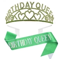 Ensemble couronne d'anniversaire en strass verts et écharpe pailletée assortie - Ensemble 16 / Couronne Argentée Diamant Vert Et Écharpe Verte
