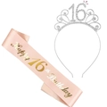 Fascia rosa per il 16° compleanno con scritte oro e corona di strass argento - 16° Compleanno Tiara E Fascia