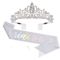 Silver glitter Bride to Be sash and rhinestone crown set with colorful crystals - Tiara And Sash Set / AB Rhinestone Crown And Iridescent Silver Sash