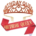 Diadème doré Birthday Queen avec strass rouges et écharpe rouge scintillante - Ensemble 17 / Couronne Dorée Diamant Rouge Et Écharpe Rouge
