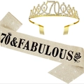 Gouden tiara voor 70e verjaardag met strass en 70 & Fabulous glitter sjerp party set - 70ste Verjaardag Stijl / Goud