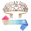 Coffret Birthday Queen avec tiare en strass or rose et écharpe dégradée rose et bleu - Ensemble 18 / Couronne Or Rose Diamant Multicolore Et Écharpe Dégradée