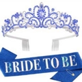 Blue Bride To Be sash with silver rhinestone crown for bridal shower and bachelorette party - Tiara And Sash Set / Royal Blue Set