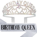 Ensemble couronne et écharpe Birthday Queen en argent avec strass pour fêtes - Style 36 Argent Diamant AB Écharpe Argentée Lettre Noire / Couronne Argentée Diamant AB Et Écharpe Argentée