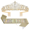 Gold glitter Bride To Be sash with crystal tiara set and safety pin for bridal parties - Tiara And Sash Set / Gold And Iridescent Sash