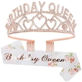 Ensemble couronne Birthday Queen or rose et écharpe florale blanche pour fête d'anniversaire - Ensemble 29 / Couronne Or Rose Et Écharpe Imprimée Blanche