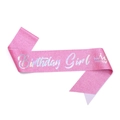 Écharpe rose pailletée Birthday Girl avec lettrage holographique et icône couronne - Écharpe rose avec texte argent (3)