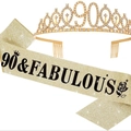90th birthday party set with gold rhinestone 90 crown and champagne fabulous sash - 90th Birthday Style / Gold