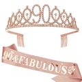 Rose gold 90th birthday set with rhinestone crown and 90 & FABULOUS pink glitter sash - 90th Birthday Style / Rose Gold