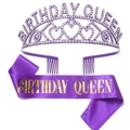 Ensemble d'anniversaire comprenant un diadème en strass mauves et écharpe en satin - Style 34 Plaquage Violet Reine / Couronne Violette Et Écharpe Violette Birthday Queen