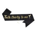 Detail of glittery black 30th birthday sash with Talk Thirty To Me gold text and pin - Talk Thirty To Me