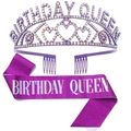Ensemble écharpe et diadème Birthday Queen violet à paillettes avec strass colorés - Style 35 Plaquage Violet Diamant AB Mix Violet Reine / Couronne Violette Diamant AB Et Écharpe Violette Mixte Reine