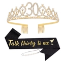Elegant 30th birthday set with gold rhinestone tiara and black 'Talk thirty to me' sash - Sash Crown Pin Set / 30th Birthday Gold & Black