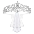 Silver rhinestone bride crown with double-layer white short bridal veil set - Silver Tiara and Veil Set