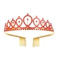 Detailed close-up of gold tiara with red rhinestones and side metal hair combs - Red Crown