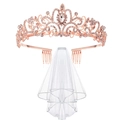 Rose gold bridal crown with crystal rhinestones and white tulle wedding veil set - Rose Gold Tiara and Veil Set