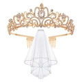 Gold bridal tiara with rhinestones and layered white veil for wedding party crown set - Gold Tiara and Veil Set