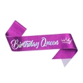 Glittery magenta Birthday Queen sash with white cursive text and crown for party decor - Birthday Queen-Purple Holographic