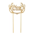 Detailed view of the rhinestone reindeer Happy Birthday cake topper with golden finish - Gold Base - White Rhinestone