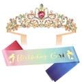 Colorful mermaid birthday girl set with rainbow gradient sash and golden crown - Set 1