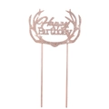 Detail of rose gold Happy Birthday cake topper with rhinestones and antler design - Rose Gold White Rhinestones