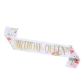 Fascia di compleanno in raso bianco con motivi floreali rosa e scritta in oro - Fascia QUEEN Oro