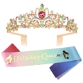 Colorful mermaid birthday queen sash set with a gold crystal crown and gradient ribbon - Set 2