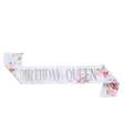 Fascia Birthday Queen in raso bianco con fiori rosa e scritte metalliche argento - Fascia QUEEN Argento
