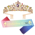 Rainbow Birthday Girl sash and golden crown set with colorful rhinestones and mermaid icons - Set 3