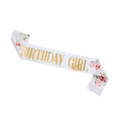 Fascia di compleanno in raso bianco con scritte dorate e decorazioni floreali rosa - Taglia unica / Fascia GIRL Oro