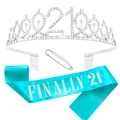 Kit 21e anniversaire avec tiare en strass argentés, écharpe bleue et épingle perle - Ensemble 21ème Anniversaire (Bleu Ciel)