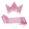 Pink glitter 7th birthday crown headband and sash set for young girls party celebration - Age 7 Set