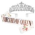 Set Birthday Queen con tiara di strass argento e fascia in raso bianco floreale - Set Corona Argento E Scritta Queen Oro Rosa