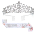 Birthday Queen silver rhinestone tiara and floral sash set for party celebrations - Silver Birthday Set