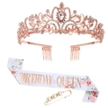 Birthday Queen set featuring rose gold tiara and white sash with floral print - Rose Gold Set With Artificial Pearl Pin