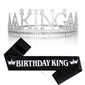 Silver rhinestone KING crown with black Birthday KING sash and golden safety pin - Silver Crown + Black Sash with White Lettering