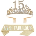 Detailed set of gold 15 and Fabulous birthday tiara and matching glitter sash kit - 15 Years Old Gold Iridescent