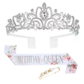Birthday Queen set with silver rhinestone tiara and floral white satin sash - Silver Set With Artificial Pearl Pin