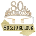 80 & Fabulous birthday crown and champagne glitter sash set with rhinestone numbers - 80 Years Old Gold