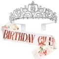 Silver rhinestone birthday crown with floral printed Birthday Girl satin sash set - Silver Crown And Rose Gold Lettering Birthday Girl Set