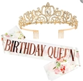 Birthday Queen set featuring a gold rhinestone tiara and floral satin sash for party decor - Gold Crown And Rose Gold Lettering Queen Set