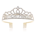 Χρυσό στέμμα Birthday Princess με αστραφτερά στρας και ενσωματωμένα χτενάκια μαλλιών - Στυλ Πριγκίπισσα (BIRTHDAY PRINCESS) / Πριγκίπισσα - Χρυσό Λευκό