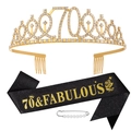 Dettaglio tiara dorata 70 compleanno e fascia nera glitterata 70 & Fabulous con perle - Corona e Fascia Nero e Oro per il 70° Compleanno