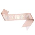 Detalle macro de la banda de cumpleaños con purpurina oro rosa y texto holográfico - Cinturón de ceremonia / Oro Rosa con letras coloridas