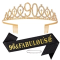 Détail du kit 90e anniversaire avec diadème doré en strass et écharpe en tissu noir - Couronne et Écharpe Noir et Or pour 90 ans