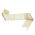 Close-up of golden glitter sash with laser engraved HAPPY BIRTHDAY letters for parties - Ceremonial Belt / Gold with Colorful Text