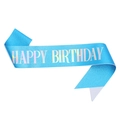 Close-up of blue sequin Happy Birthday sash with holographic silver lettering detail - Ceremonial Belt / Blue
