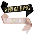 Detail of Prom King black satin and Prom Queen rose gold glitter sashes with gold lettering - Rose Gold Holographic Queen And Black Gold Letter King