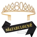 Set 80ème anniversaire avec couronne dorée et écharpe noire 80 & Fabulous pailletée - Couronne et Écharpe Noir et Or pour 80 ans